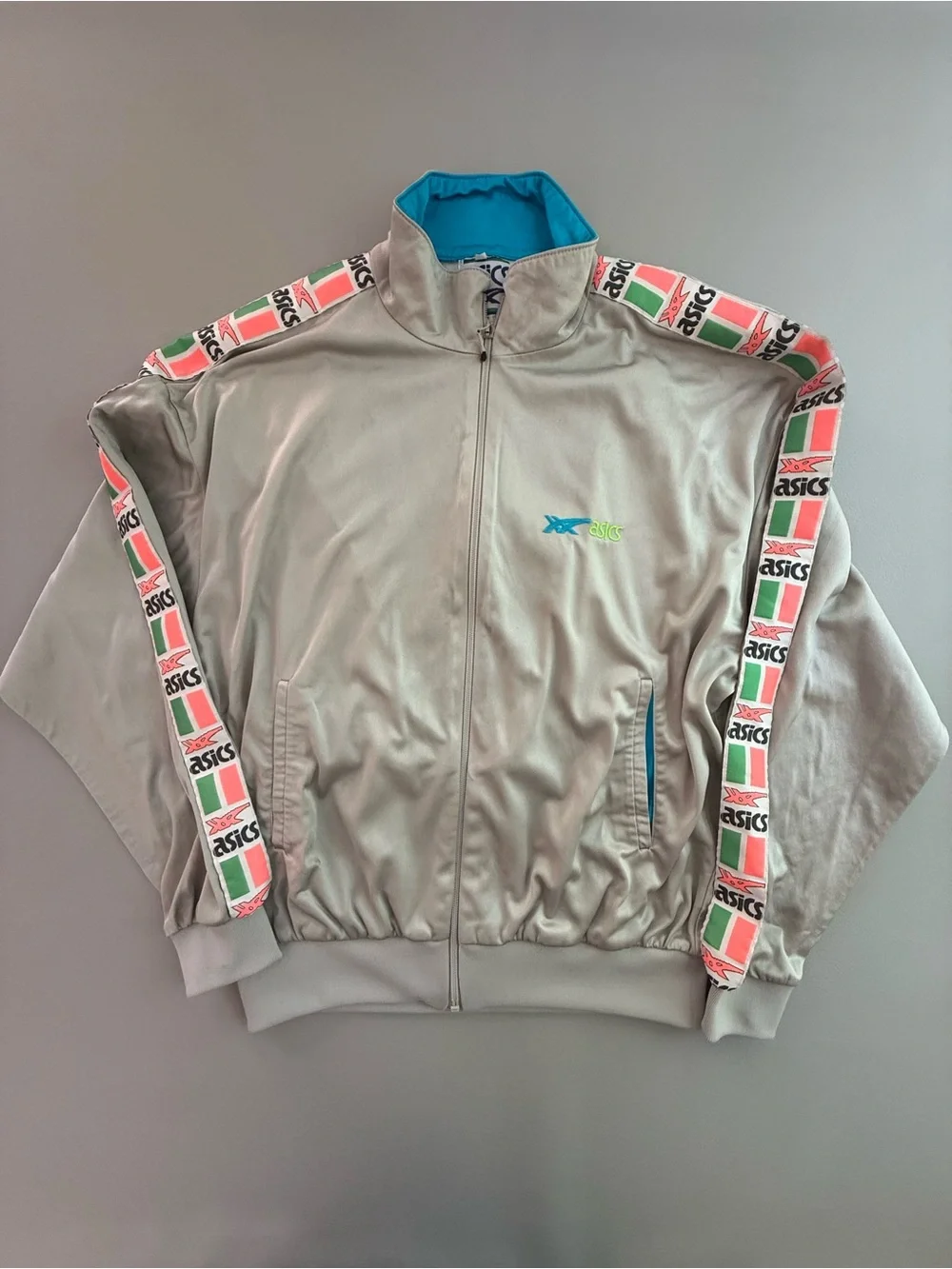 Vintage ASICS Silver Tape Logo Bomber Track Jacket Italy 52 Men's Medium Large